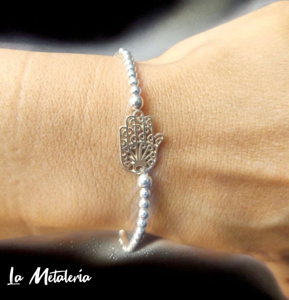Pulsera Bolitas de Plata y Mano de Fátima