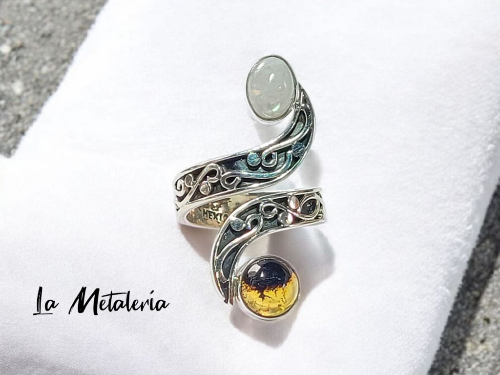 Anillo Dúo Ámbar y Piedra Luna