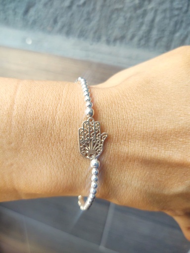 Pulsera Bolitas de Plata y Mano de Fátima