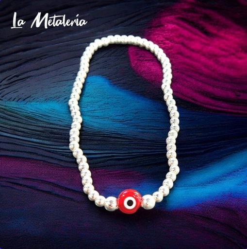 Pulsera Bolitas de Plata y Ojito Rojo