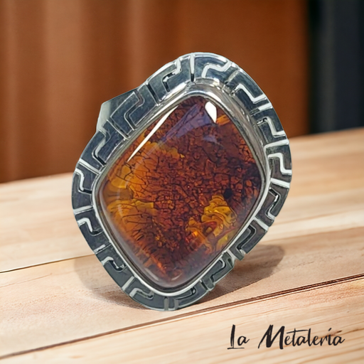 Anillo Ámbar Rombo con Grecas